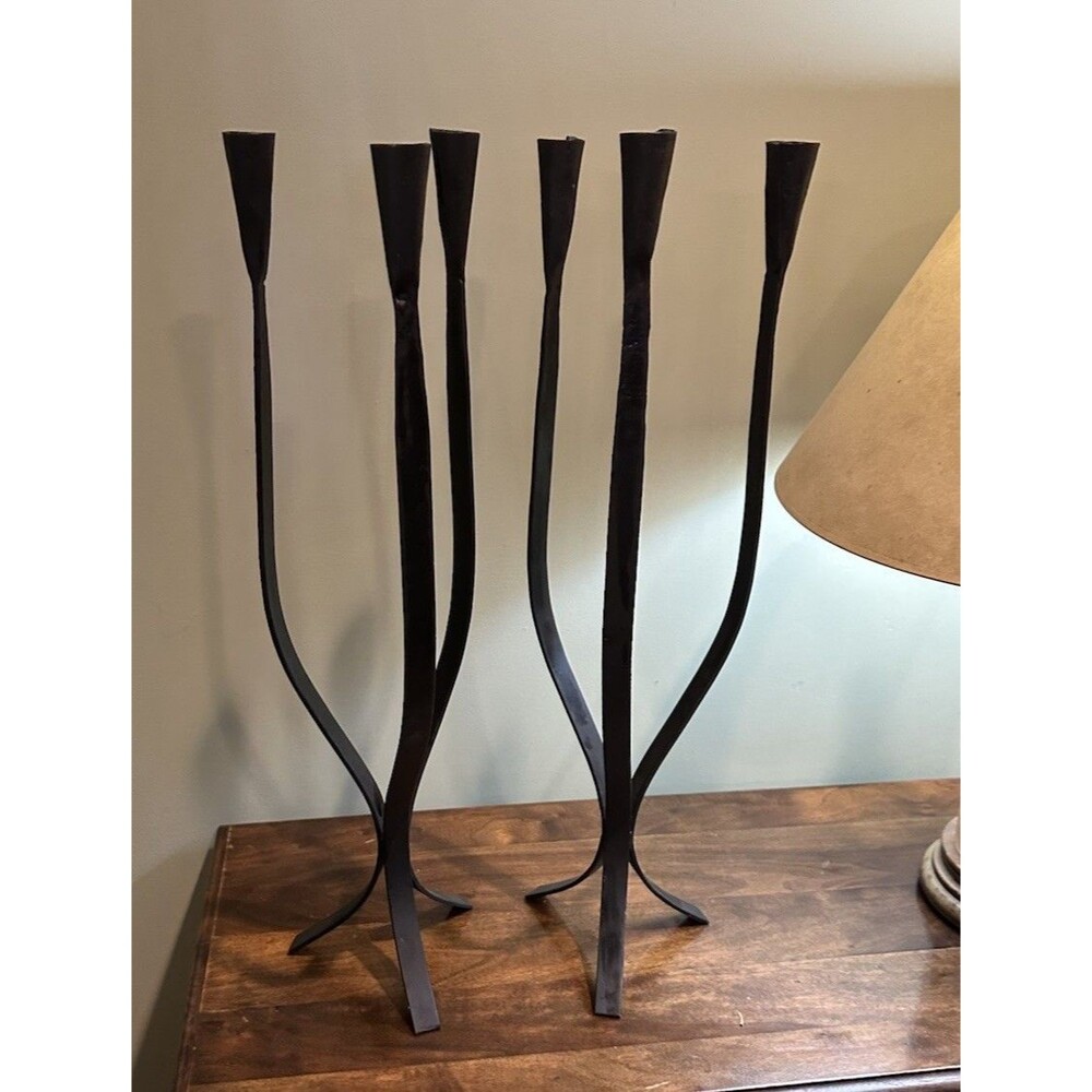 Set Of 2 VTG MCM 3-Light Wrought Iron Floor Candelabra Van Keppel Brutalist